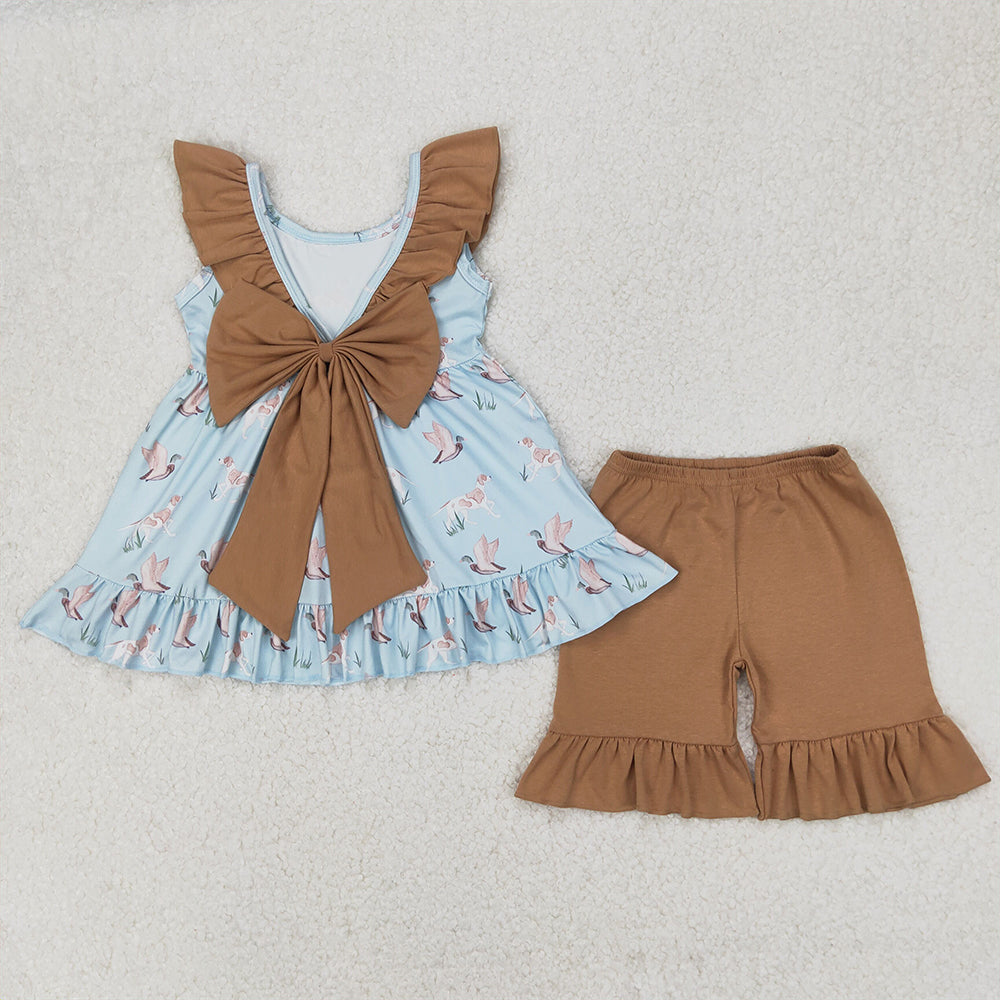 6.11 GSSO2385 RTS NO MOQ Baby Girls Summer Outfits Baby Girls Hunting Mallard Tunic Top Ruffle Shorts Outfit