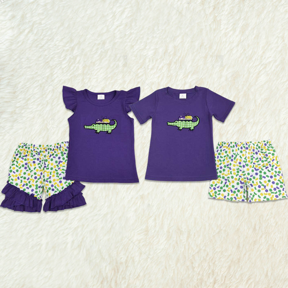 Girls Purple Crocodile Embroidery Outfit Mardi Gras Costume Children's Party Wear