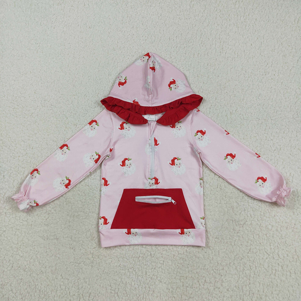RTS NO MOQ (In stock)GT1047 Baby Girls Long Sleeve Tops Baby Girls Pink Long Sleeves Santa Pocket Zipper Hoodies Top