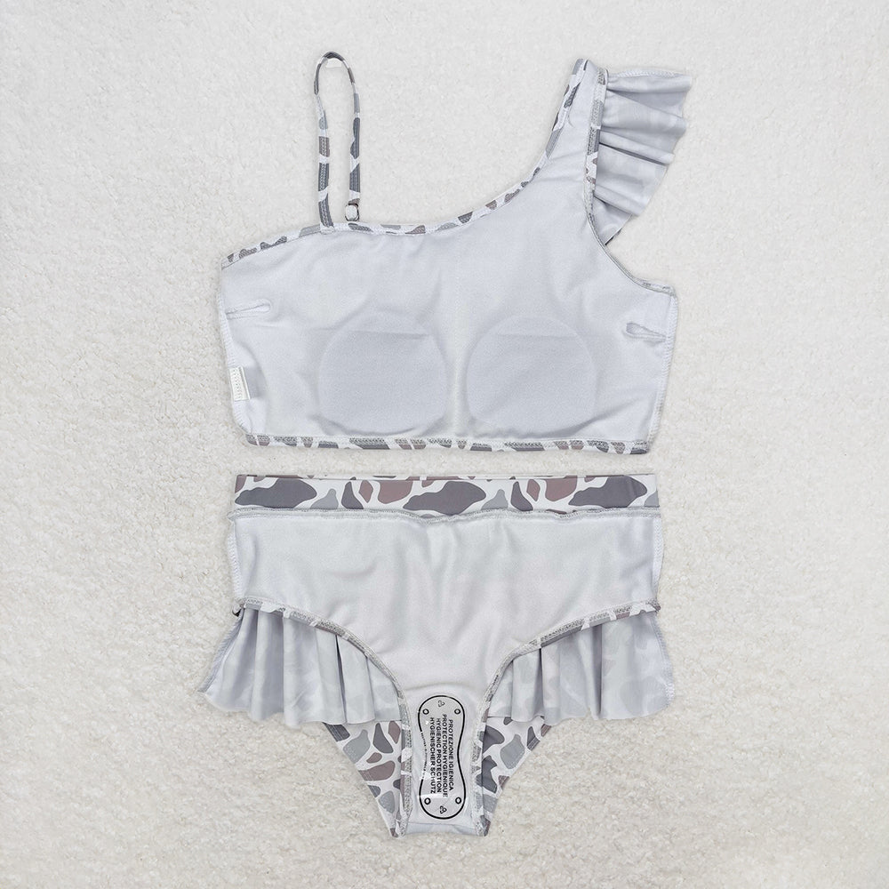 S0457 RTS NO MOQ Baby Girls Summer Swimsuits Baby Girls Grey Camo Ruffle Top Bummie 2pcs Swimsuits