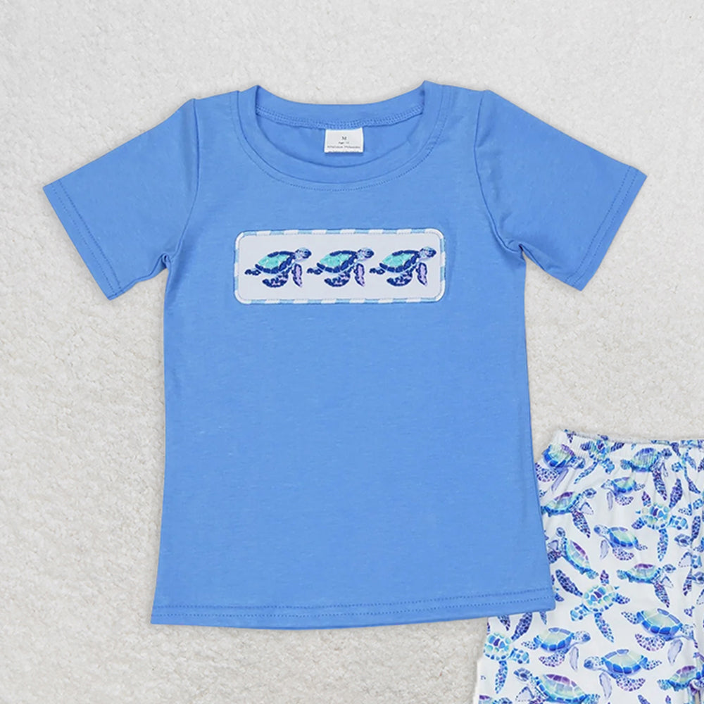 BSSO0916 RTS NO MOQ Children Clothes Summer Boys Outfits Baby Boys Blue Turtles Tee Shirts Tops Shorts Clothes Sets