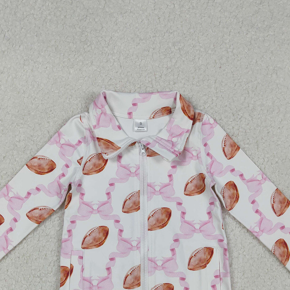 RTS NO MOQ (In stock)GT1088 Baby Girls Yoga Tops Long Sleeves Pink Bow Football Zipper Yoga Top
