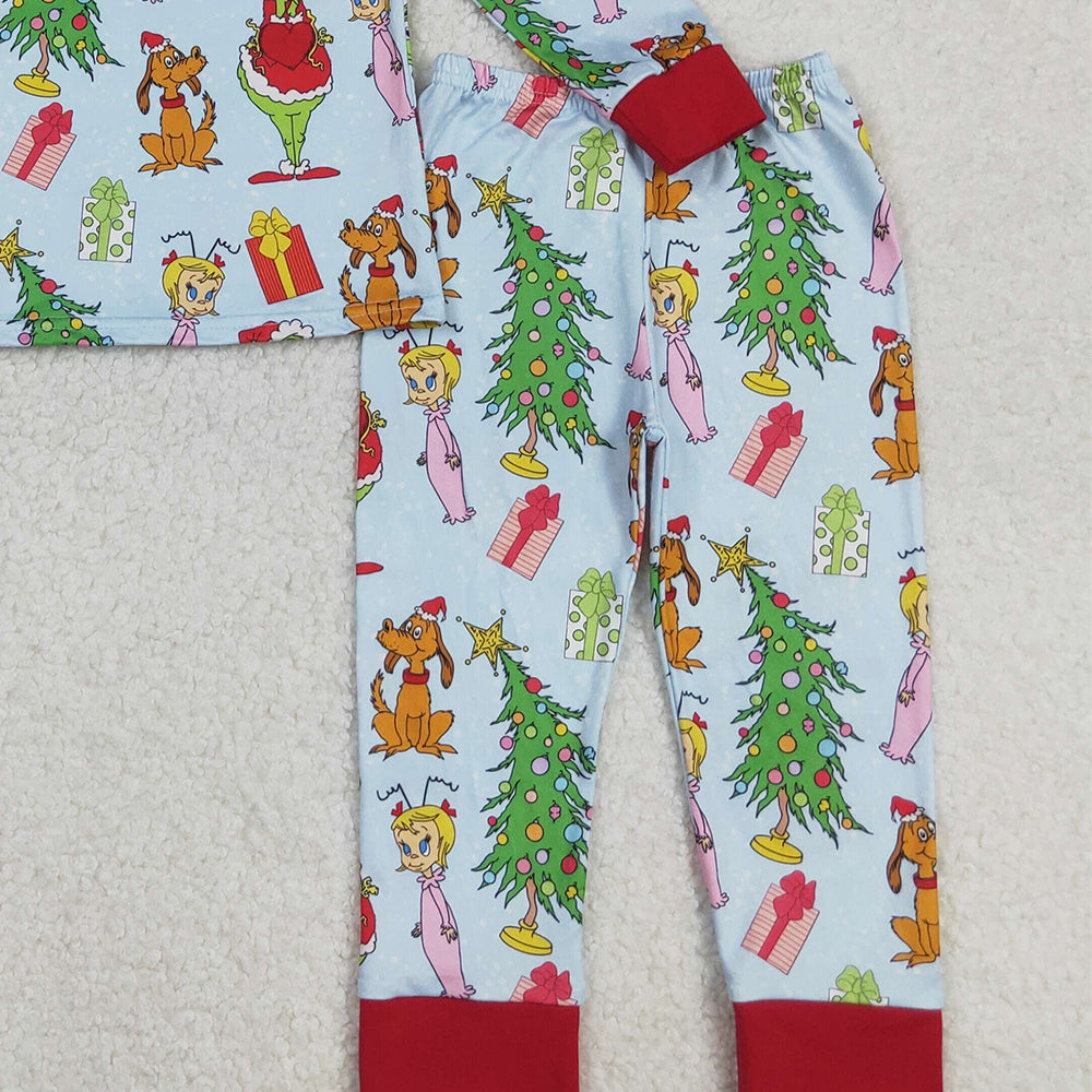 RTS NO MOQ (In stock)BLP1189 Baby Boys Winter Outfits Green Face Christmas Tree Long Sleeve Baby Kids Pajamas