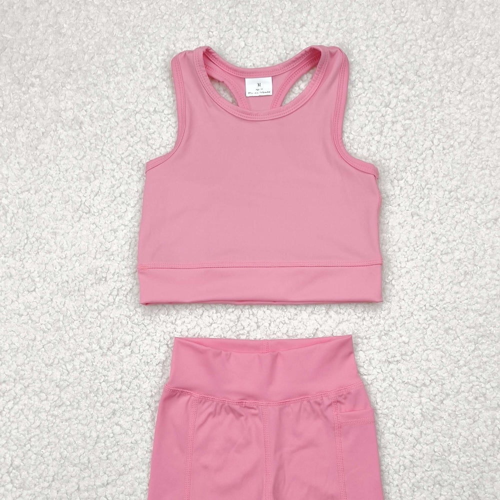 5.15 GSSO1516 RTS NO MOQ Baby Girls Yoga Outfits Light pink straps top shorts girls summer yoga clothes