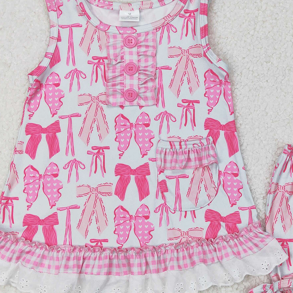 4.17 GSSO2187 RTS NO MOQ Sleeveless pink bow ruffle top shorts girls pajamas set