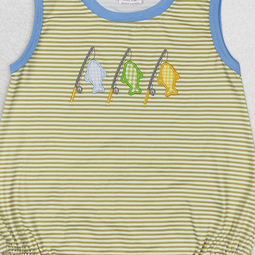 SR1281 RTS NO MOQ Baby Boys Summer Rompers Baby Boys Stripes Fishing Sibling Embroidery Summer Rompers Clothes Sets