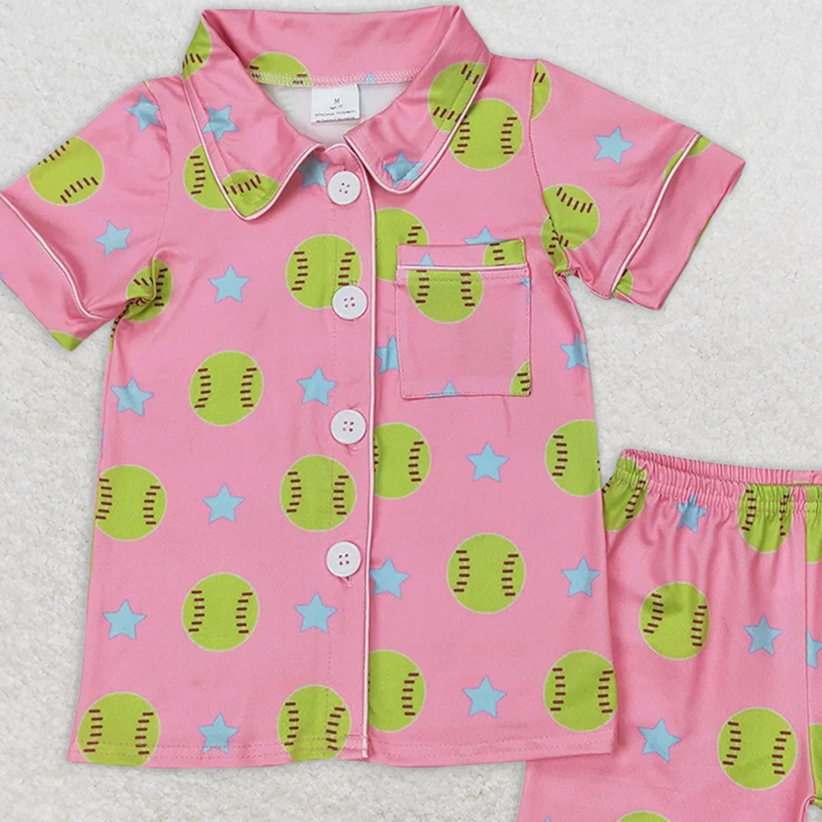 GSSO2203RTS NO MOQ Baby Girls Summer Pajamas Outfits Kids Girls Short Sleeve Pink Softball Button down Pajamas Lightweight Sleepwear for Children