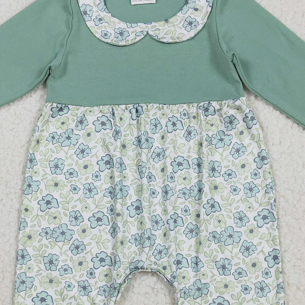 RTS NO MOQ (In stock)LR2258 Baby Girls Winter Rompers Baby Girls Green Long Sleeves Floral Ruffle Pant Rompers