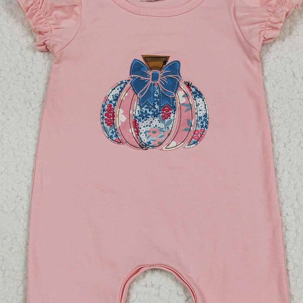 8.15 RTS NO MOQ (In stock) SR3112 Baby Girls Summer Rompers Embroidery Baby Girls Pink Short Ruffle Sleeves Floral Pumpkins Rompers