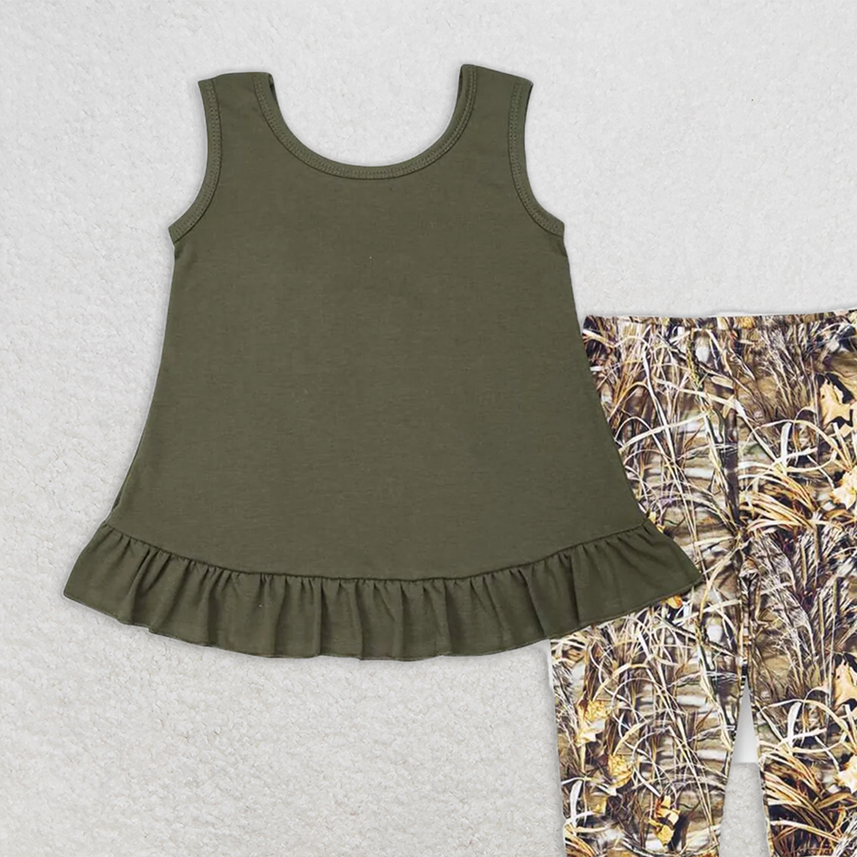 GSPO1089 RTS NO MOQ Baby Girls Spring Outfits Bow tie lace sleeveless top camouflage tree branch trousers set