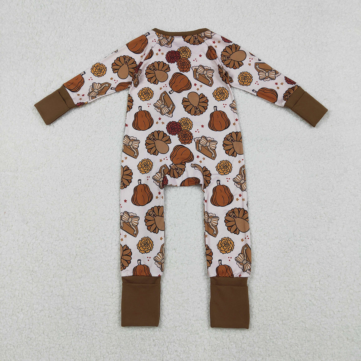 10.21 RTS NO MOQ (In stock)LR2690 Baby Boys Winter Rompers Baby Boys Pie Turkey Pumpkins Thanksgiving Zipper Footie Rompers