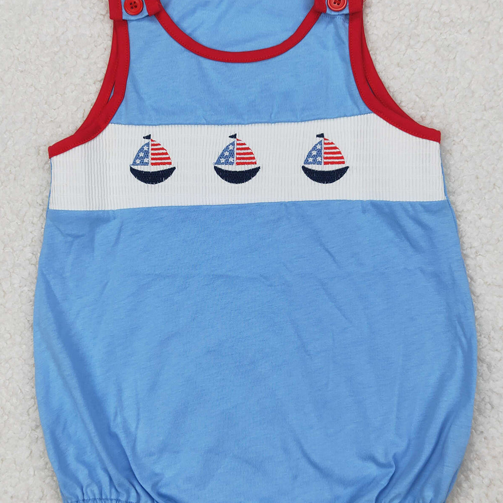 4.10 SR2574 RTS NO MOQ Baby Boys Summer Romper Baby Boys Blue Sleeveless Flag Boats 4th Of July Smocked Romper