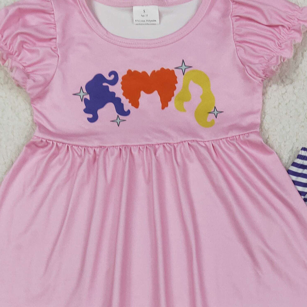 RTS NO MOQ (In stock)GSPO2043 Baby Girl Autumn Outfits Baby Girls Pink Halloween Princess Hair Tunic Stripe Ruffle Pants Sets