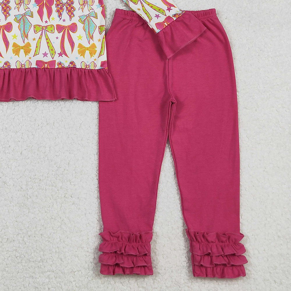RTS NO MOQ (In stock)GLP2616 Baby Girls Winter Outfits Long Ruffle Sleeves Pink Bows Stars Zipper Top Legging Pants Sets