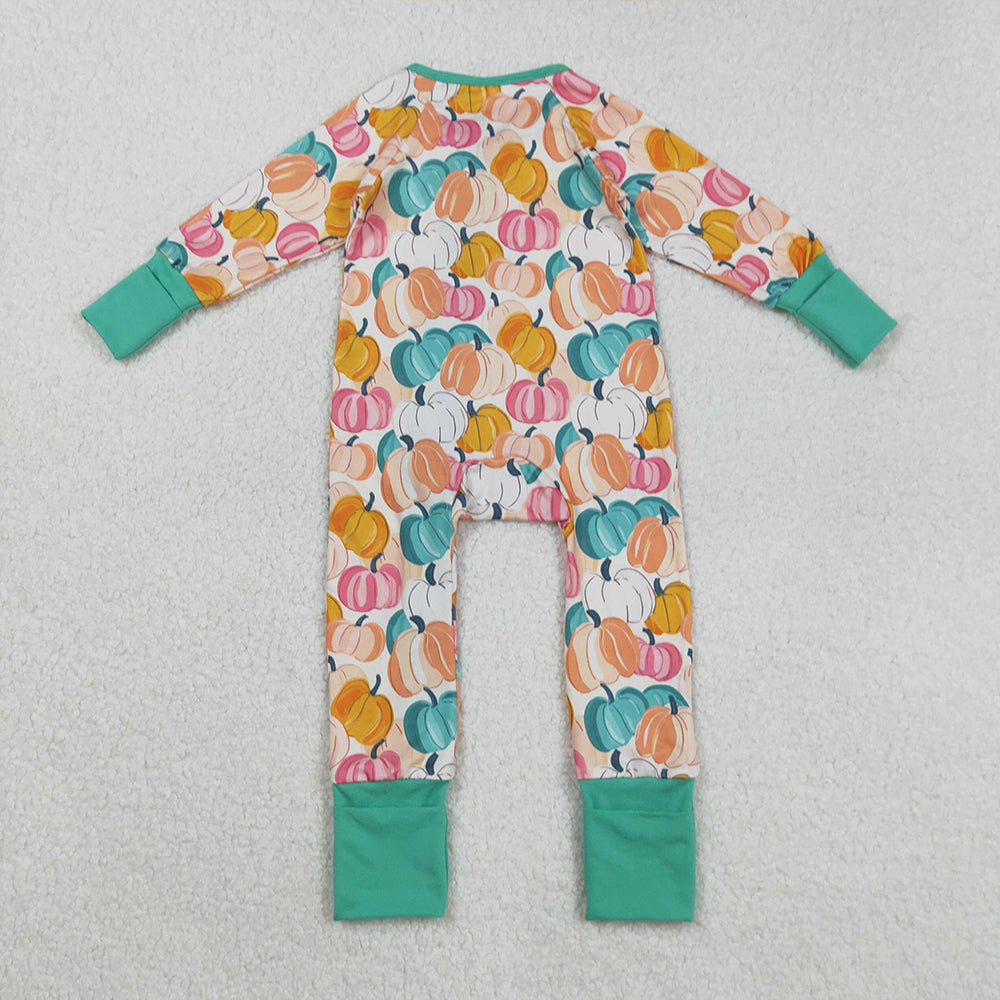 RTS NO MOQ (In stock)LR2552 Baby Boys Winter Rompers Baby Boys Colorful Pumpkins Plaid Fall Zipper Footie Rompers