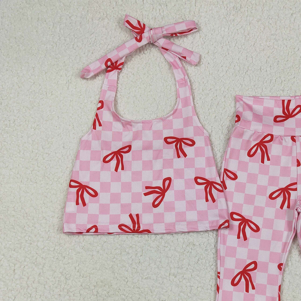 8.16 GSPO2030 RTS NO MOQ Baby Girls Spring Outfits Baby Girls Strap Pink Plaid Vest Halter Top Bell Bottom Pant Sets