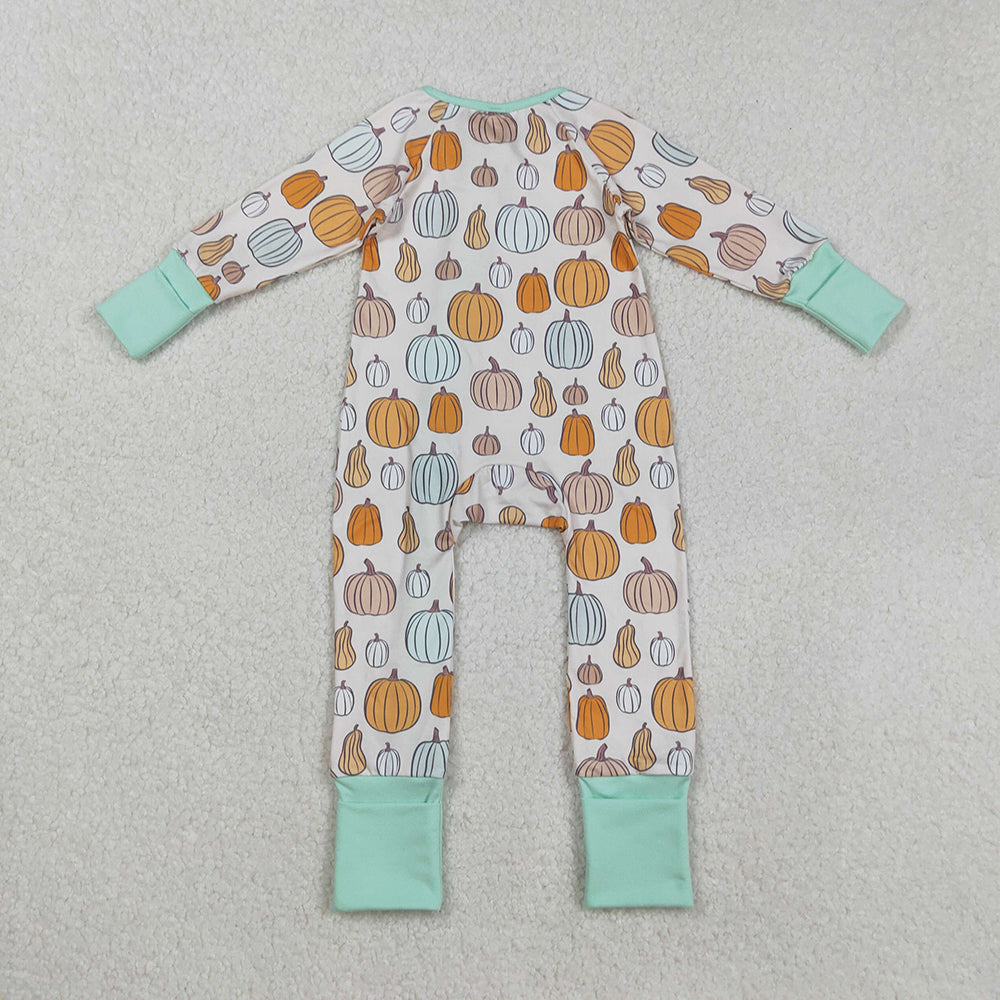 RTS NO MOQ (In stock)LR2565 Baby Boys Winter Rompers Green Pumpkins Fall Zipper Footie Rompers for Infants