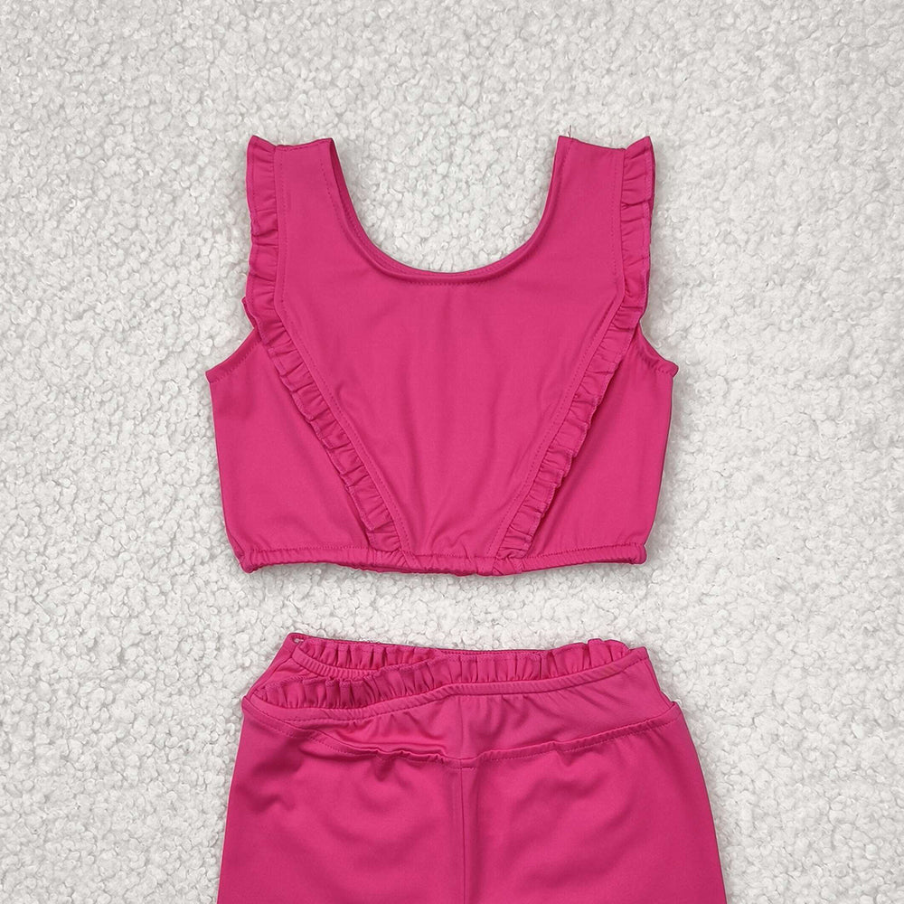 GSSO2284RTS NO MOQ Baby Girls Yoga Outfits Girls Hot Pink Ruffle Crop Top Shorts Set Yoga Outfit Fitness Gymnastics Dancewear Sportswear Active Wear Children's Clothing