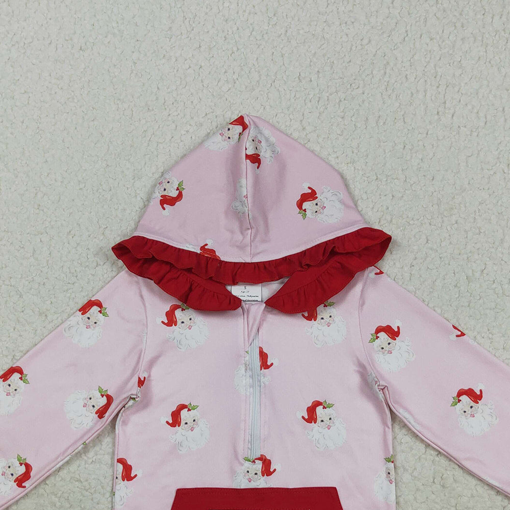 RTS NO MOQ (In stock)GT1047 Baby Girls Long Sleeve Tops Baby Girls Pink Long Sleeves Santa Pocket Zipper Hoodies Top