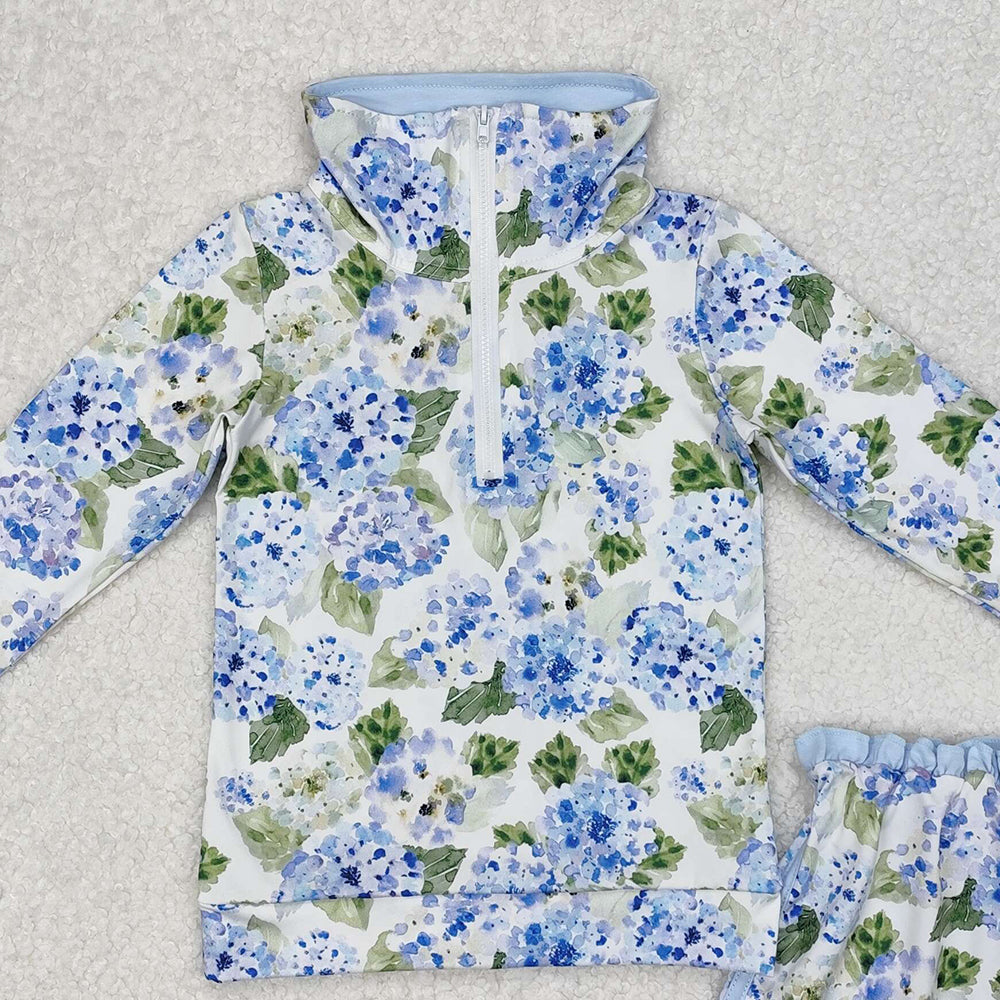 GLD1016Kids Girls Light Blue Floral Long Sleeve Top Skirt Set Cute Floral Print Outfit for Children