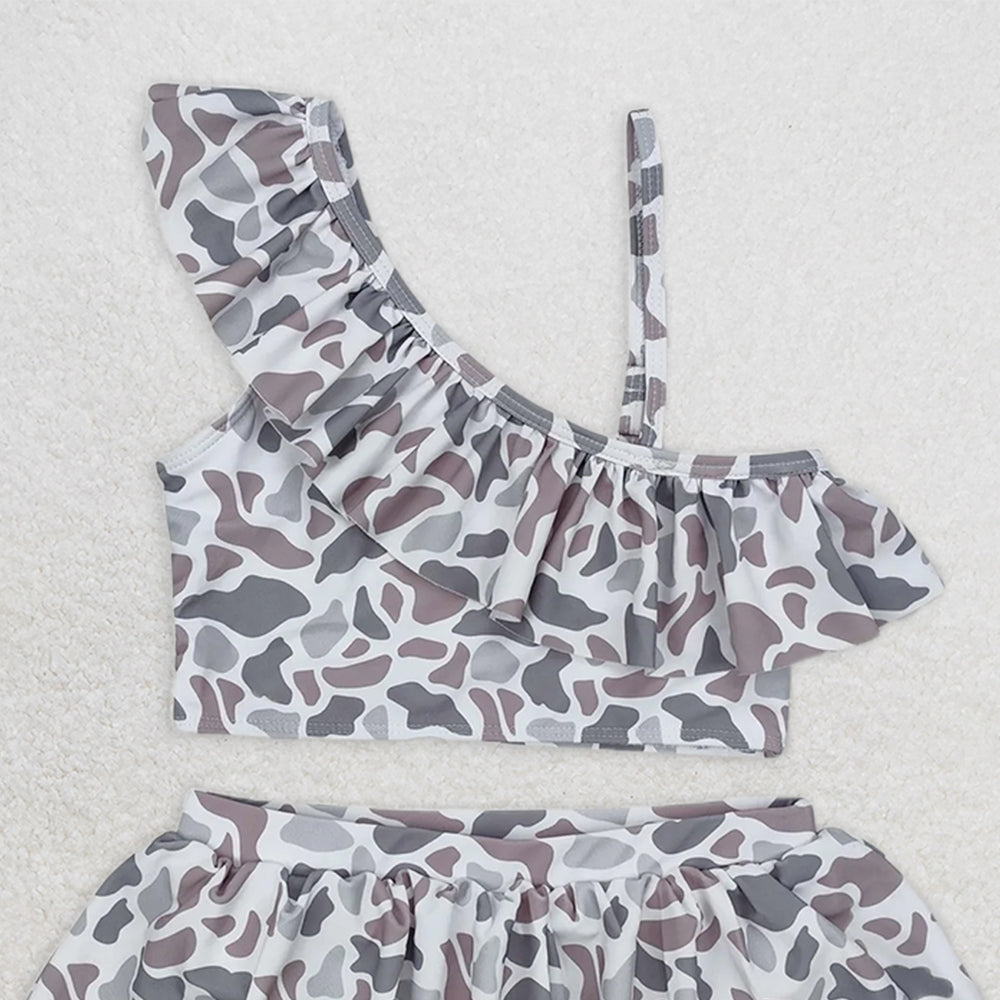 S0457 RTS NO MOQ Baby Girls Summer Swimsuits Baby Girls Grey Camo Ruffle Top Bummie 2pcs Swimsuits