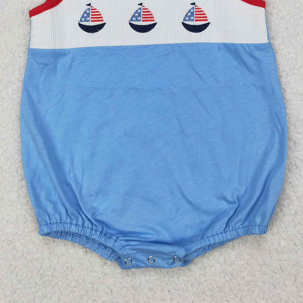 4.10 SR2574 RTS NO MOQ Baby Boys Summer Romper Baby Boys Blue Sleeveless Flag Boats 4th Of July Smocked Romper