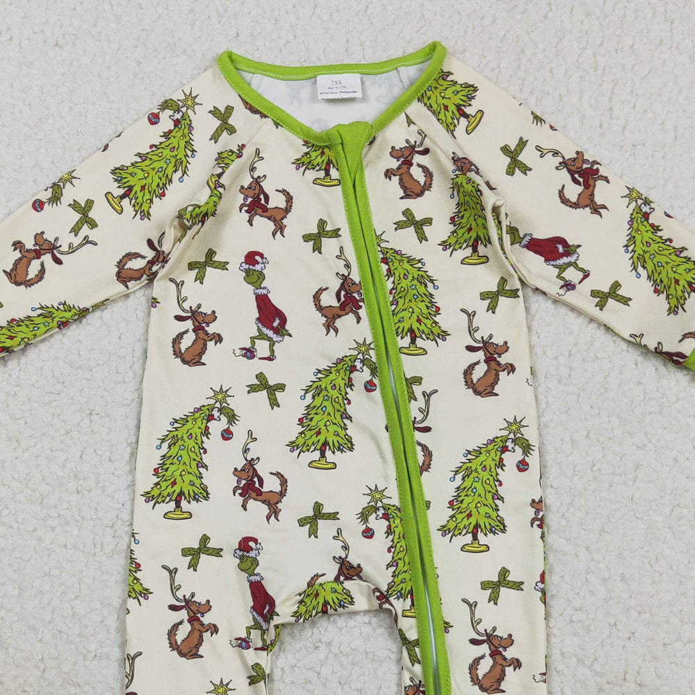 RTS NO MOQ (In stock)LR2481 Baby Boys Winter Rompers Baby Boys Christmas Trees Dogs Zipper Footie Rompers