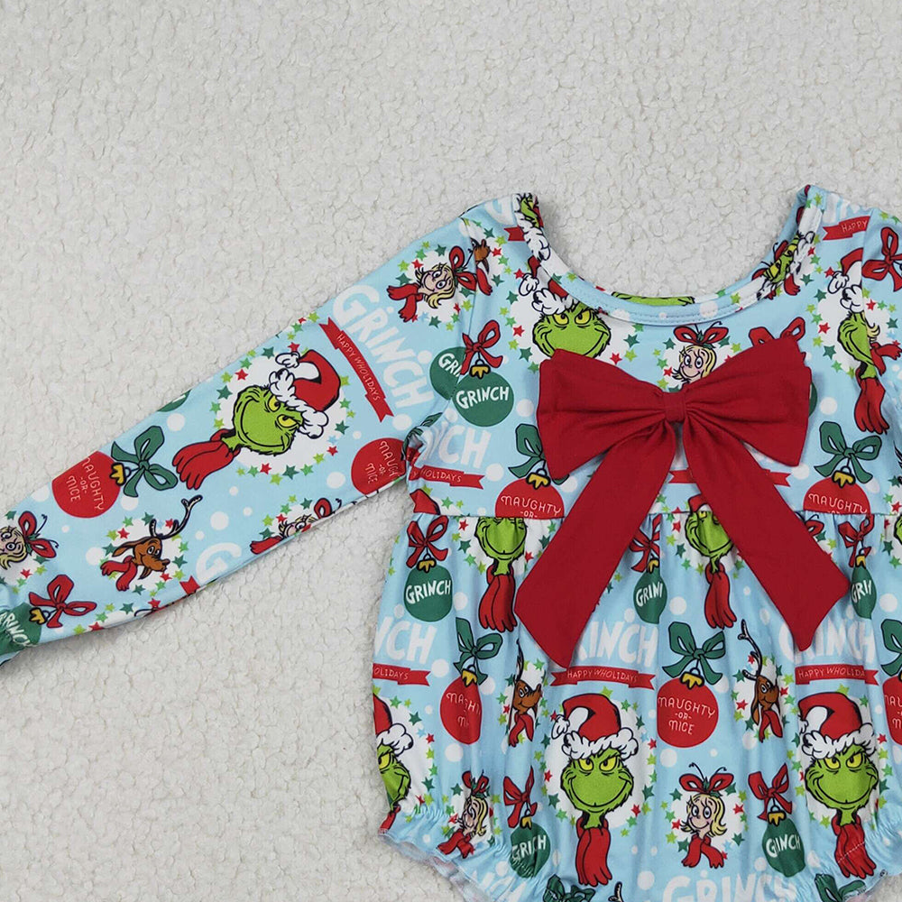RTS NO MOQ (In stock) LR2575 Baby Girls Winter Rompers Christmas Green Face Holly Ruffle Rompers