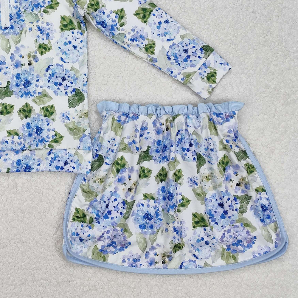 GLD1016Kids Girls Light Blue Floral Long Sleeve Top Skirt Set Cute Floral Print Outfit for Children