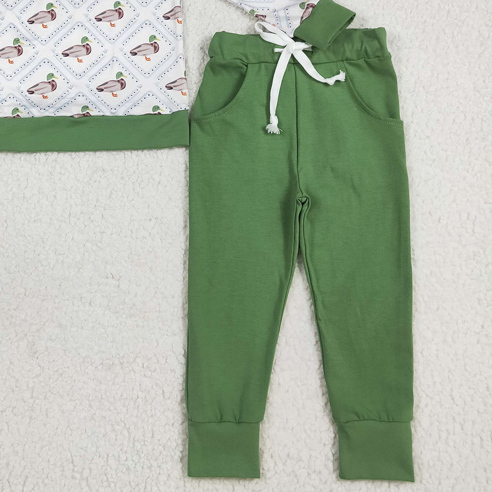 RTS NO MOQ (In stock) BLP1071 Baby Boys Winter Outfits Baby Boys Long Sleeves Green Ducks Top Pockets Legging Pant Pajamas Sets