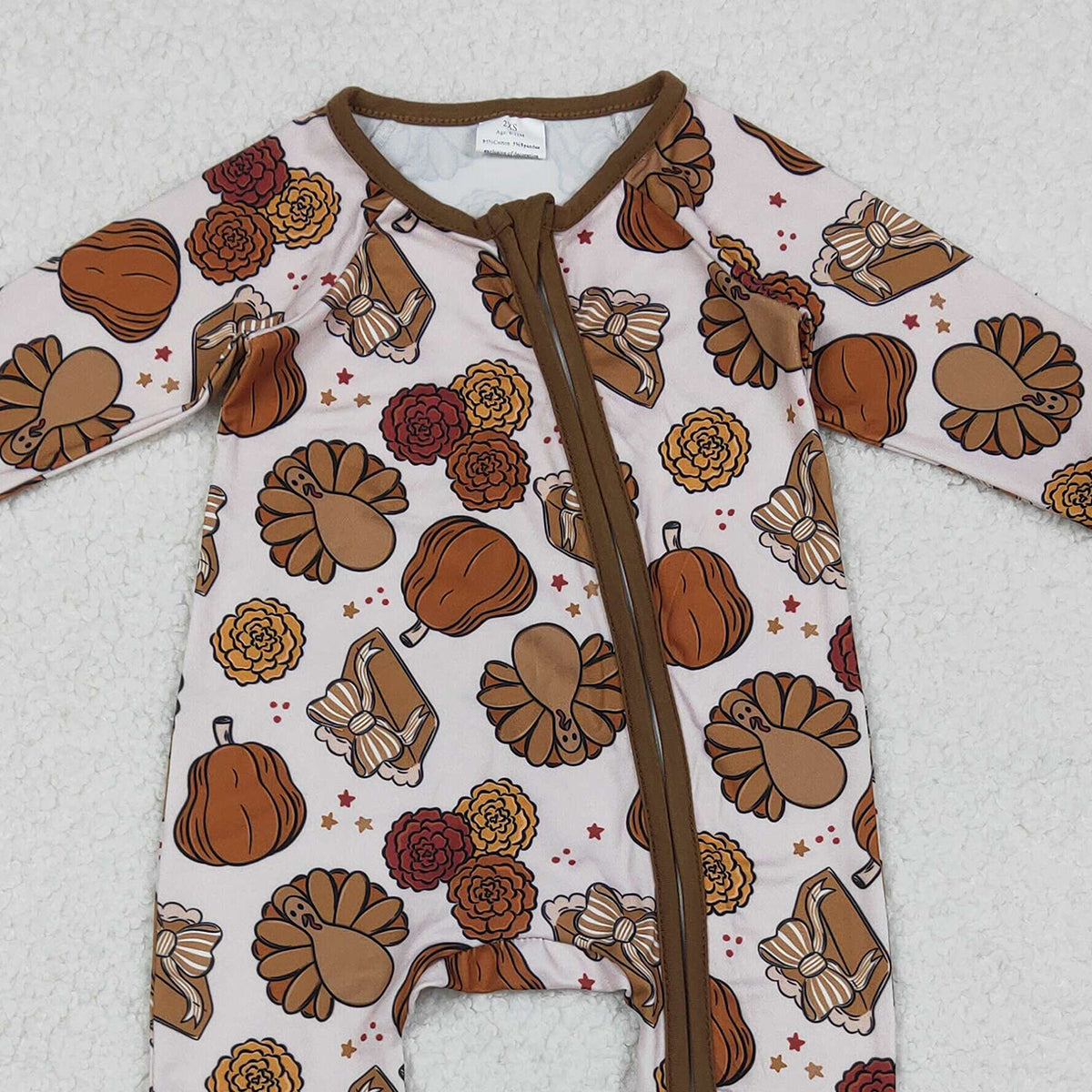 10.21 RTS NO MOQ (In stock)LR2690 Baby Boys Winter Rompers Baby Boys Pie Turkey Pumpkins Thanksgiving Zipper Footie Rompers