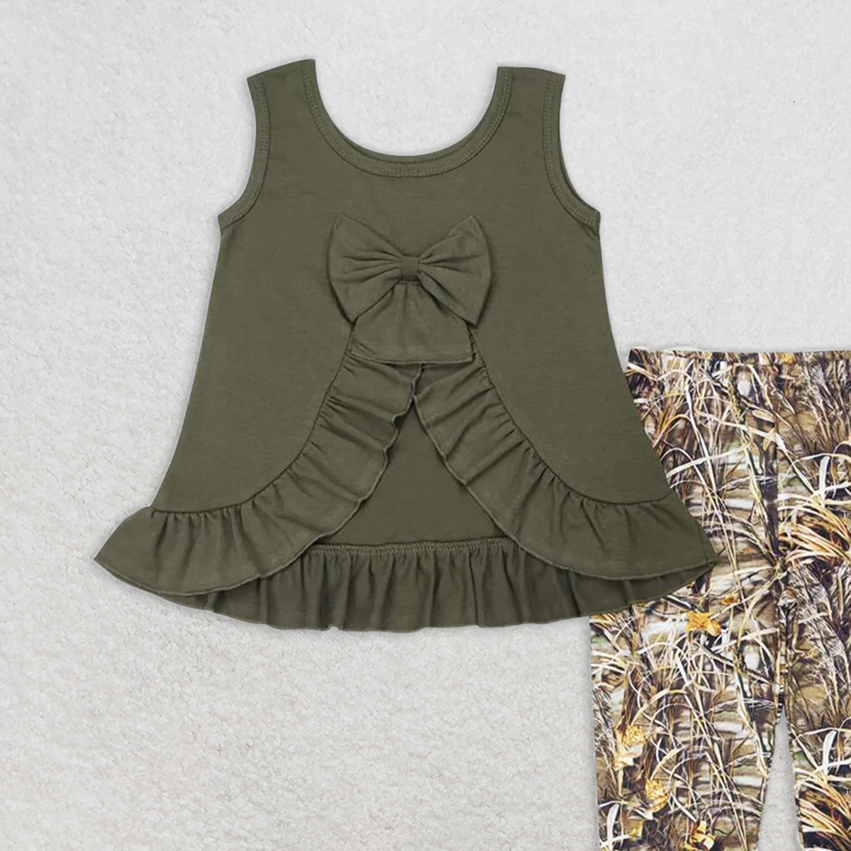 GSPO1089 RTS NO MOQ Baby Girls Spring Outfits Bow tie lace sleeveless top camouflage tree branch trousers set