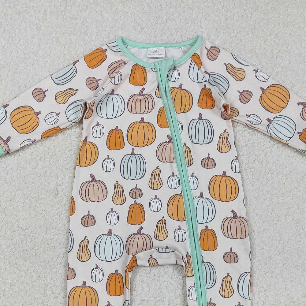 RTS NO MOQ (In stock)LR2565 Baby Boys Winter Rompers Green Pumpkins Fall Zipper Footie Rompers for Infants