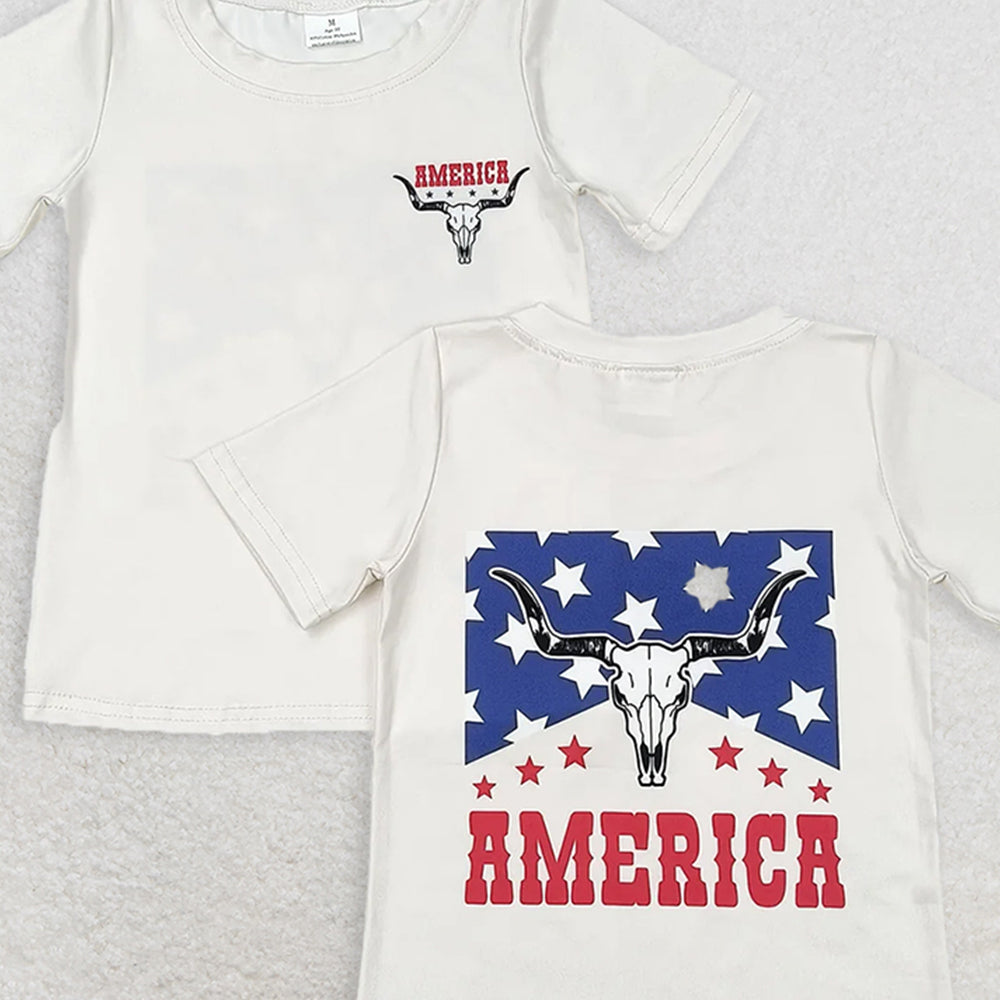 GT0465 RTS NO MOQ Baby girls Cow 4th Of July Short Sleeve Tee Shirts Tops