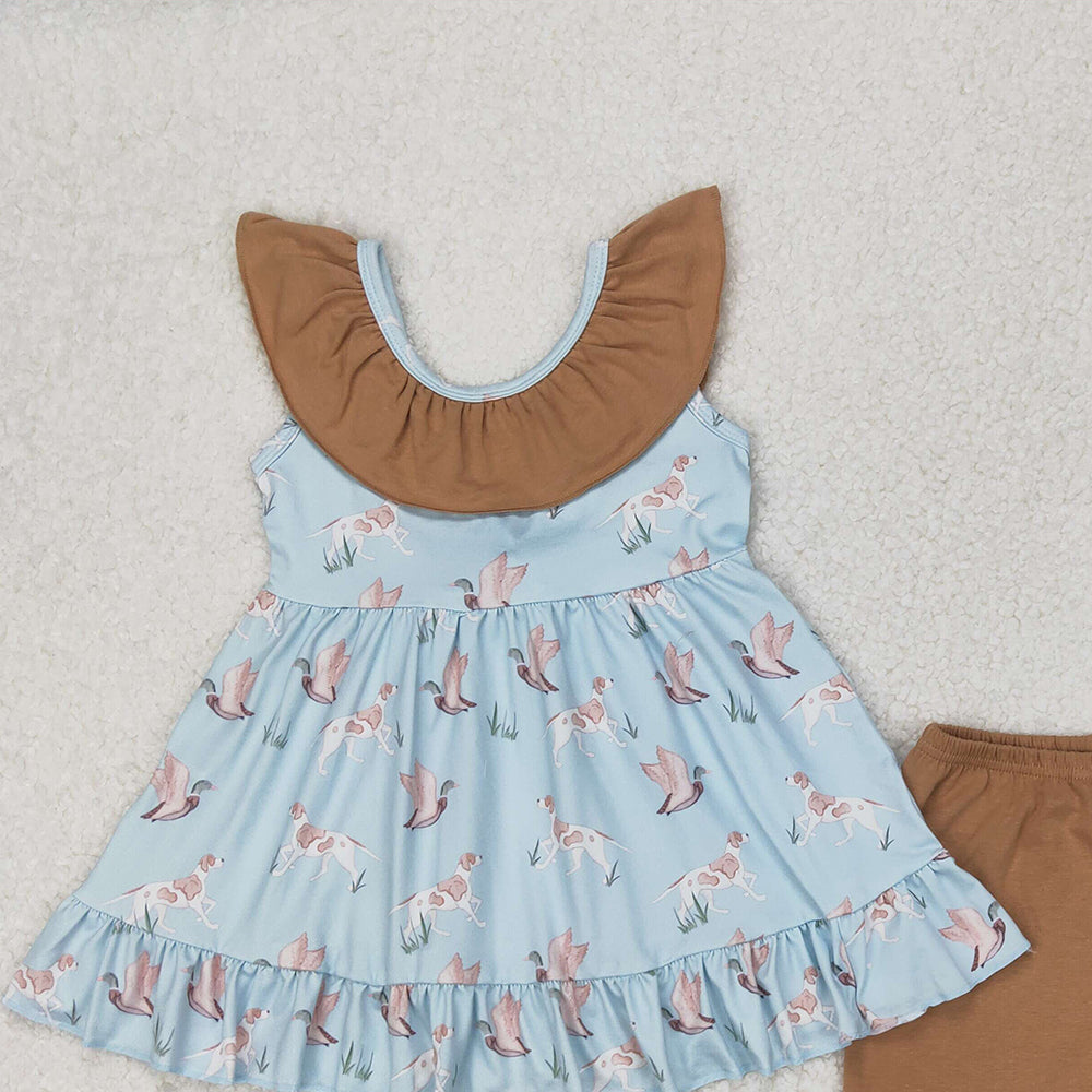 6.11 GSSO2385 RTS NO MOQ Baby Girls Summer Outfits Baby Girls Hunting Mallard Tunic Top Ruffle Shorts Outfit