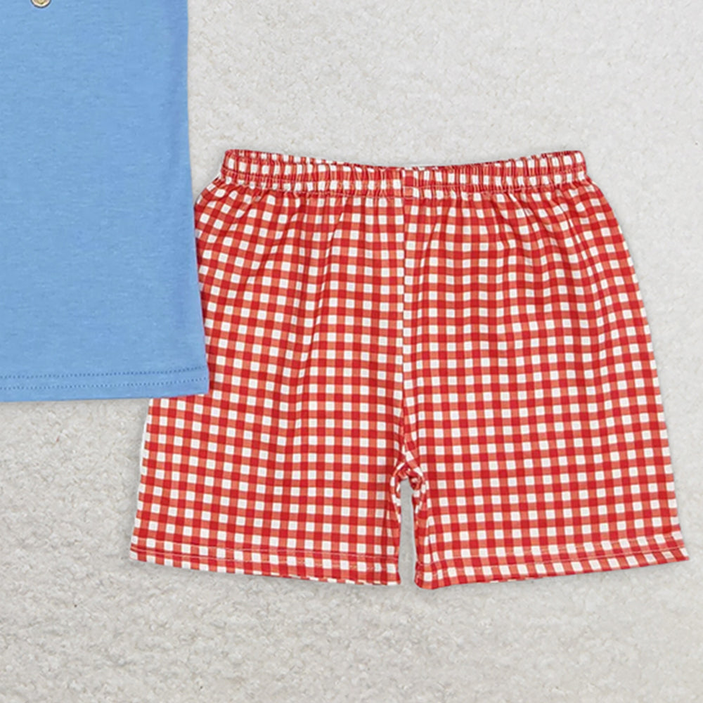 BSSO0744 RTS NO MOQ Baby Boys Summer Boys Outfits Blue popsicle top plaid shorts boys 4th of july clothing