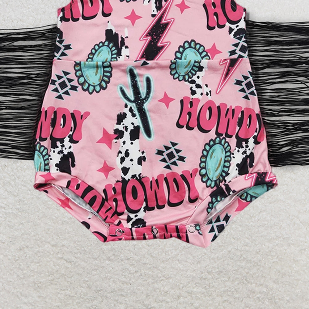 SR0324RTS NO MOQ Baby Girls Summer Rompers Baby Girls Western Tassel Howdy Pink Rompers