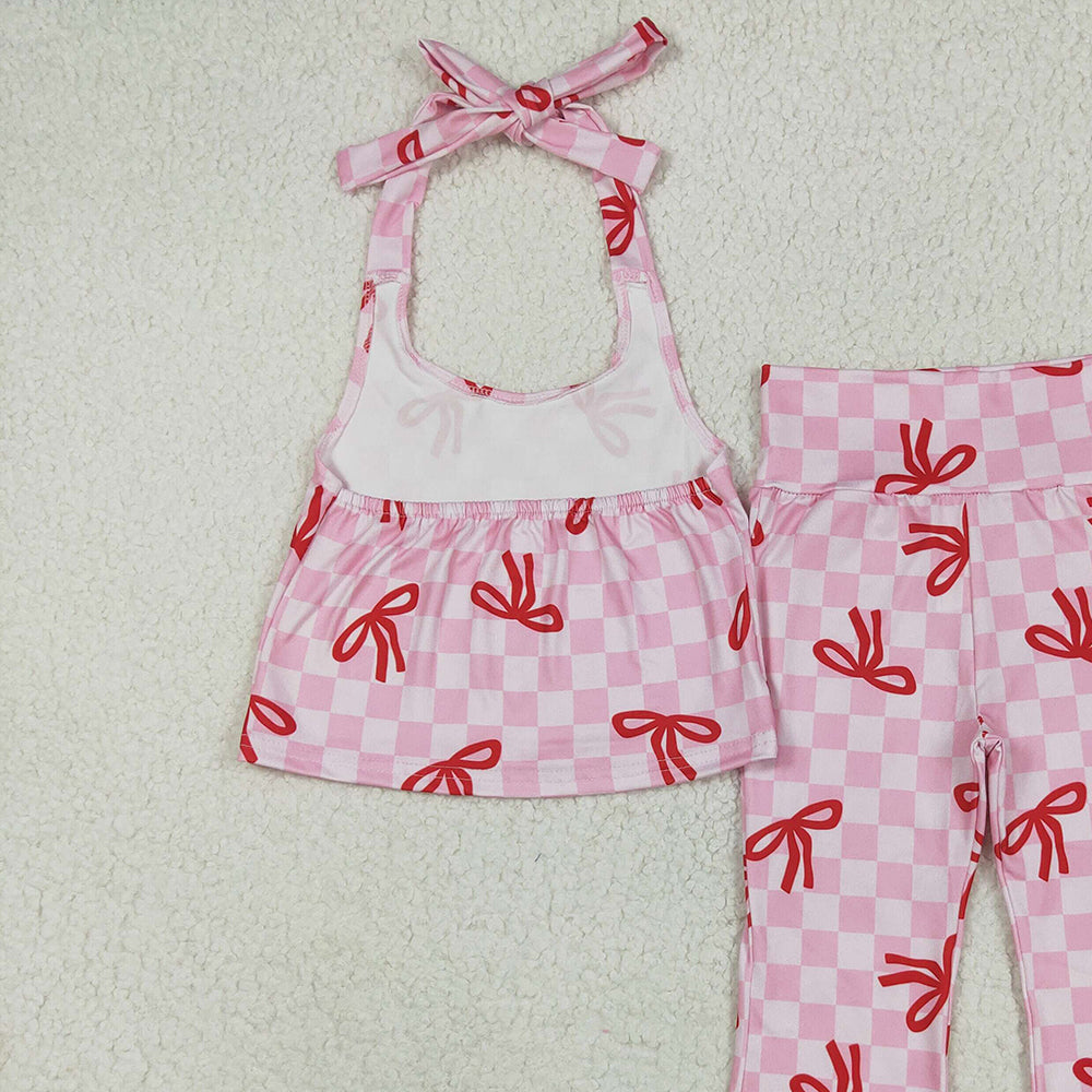 8.16 GSPO2030 RTS NO MOQ Baby Girls Spring Outfits Baby Girls Strap Pink Plaid Vest Halter Top Bell Bottom Pant Sets