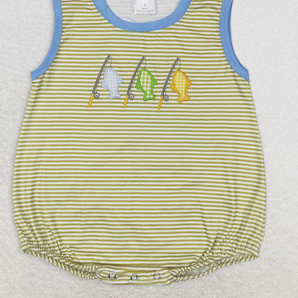 SR1281 RTS NO MOQ Baby Boys Summer Rompers Baby Boys Stripes Fishing Sibling Embroidery Summer Rompers Clothes Sets