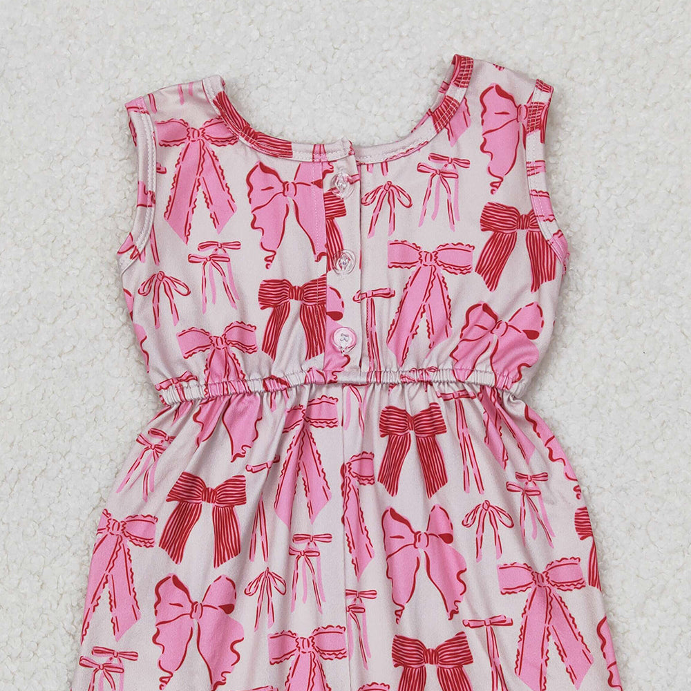 4.17 SR2670 RTS NO MOQ Pink short sleeves bow pocket girls summer jumpsuit