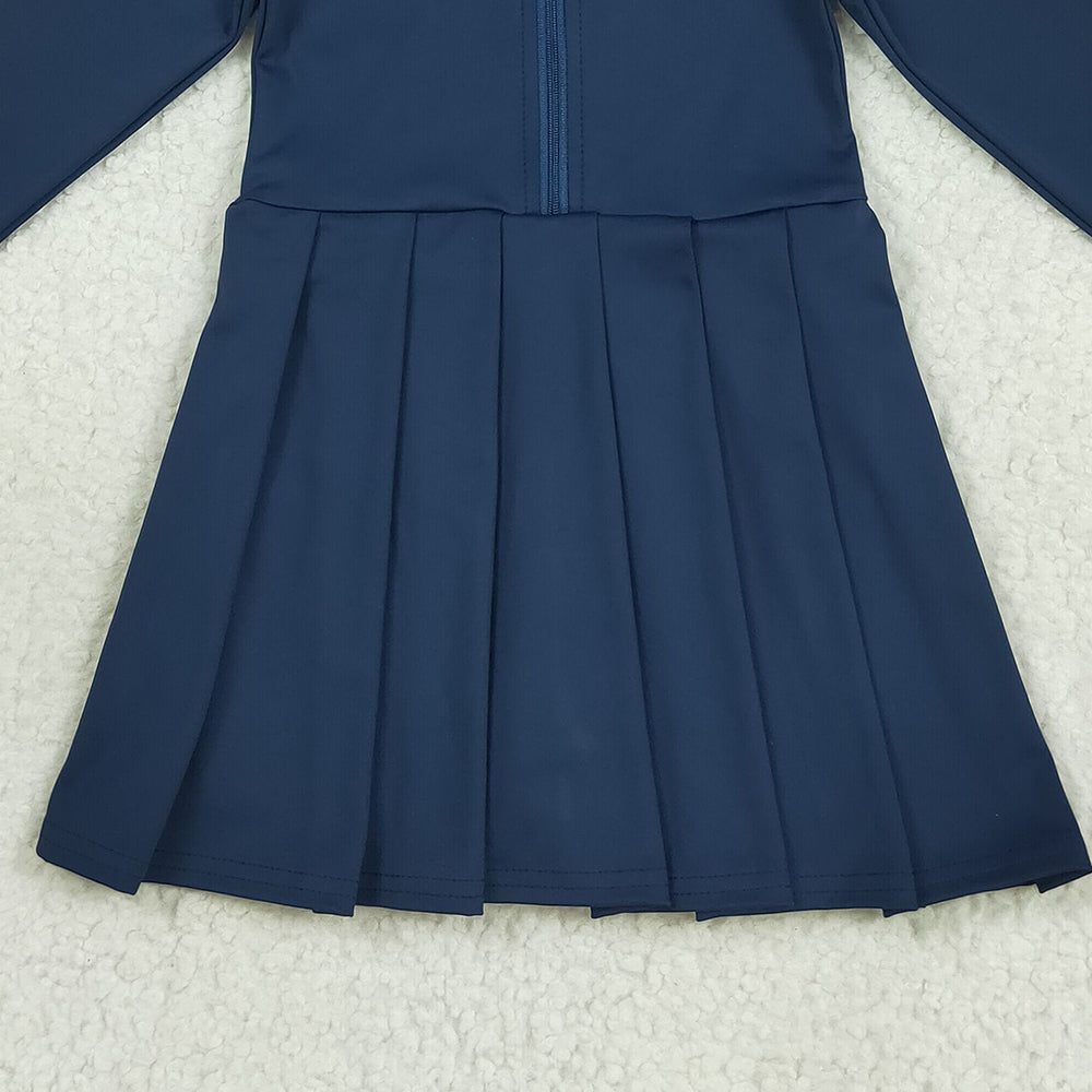 RTS NO MOQ (In stock)GLD1151 Baby Girls Yoga Dress Baby Girls Navy Long Sleeves Zipper Yoga Knee Length Dresses