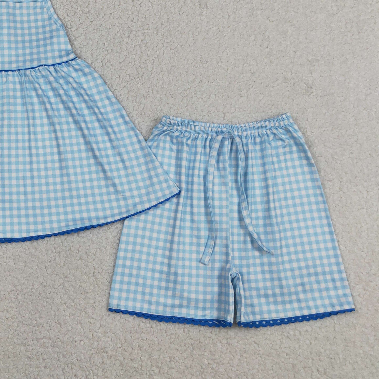 GSSO3418 RTS NO MOQ (In stock )Straps blue plaid tunic shorts kids girls outfits
