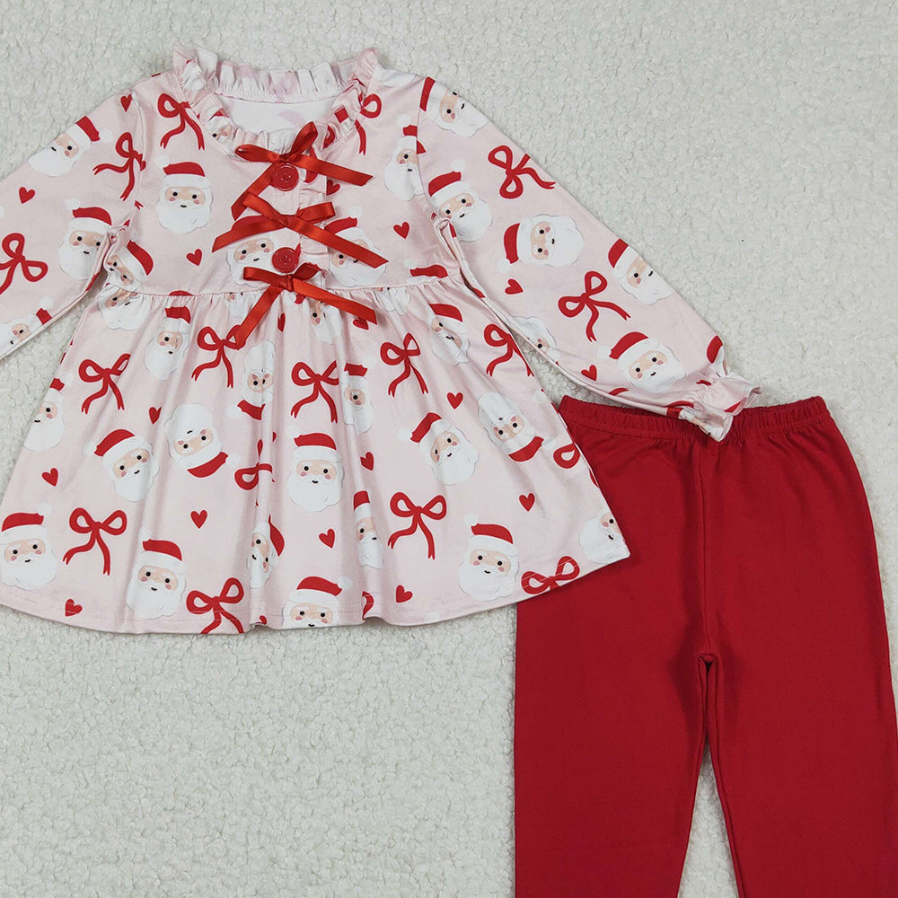 9.29 RTS NO MOQ (In stock)GLP2642 Baby Girls Winter Outfits Baby Girls Red Bows Santa Button Tunic Legging Pant Christmas Clothes Set