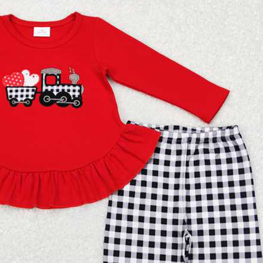 GLP0908Girls Red Plaid Truck Heart Tunic Pants Outfit Valentine's Day Clothing Set