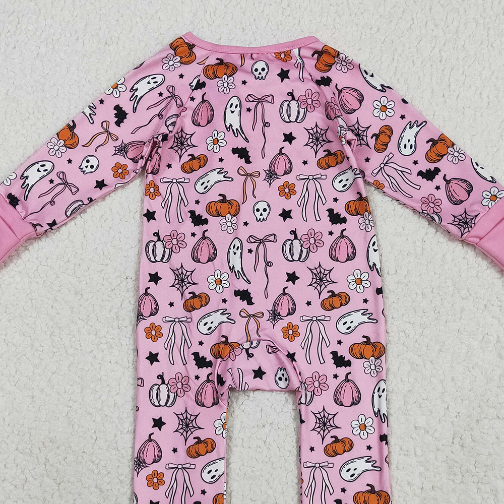 8.23 RTS NO MOQ (In stock)LR2405Baby Girls Winter Rompers Baby Girls Pink Ghost Pumpkins Halloween Zipper Footie Rompers