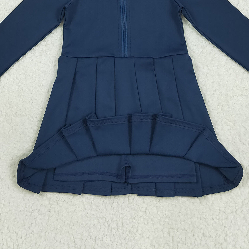RTS NO MOQ (In stock)GLD1151 Baby Girls Yoga Dress Baby Girls Navy Long Sleeves Zipper Yoga Knee Length Dresses