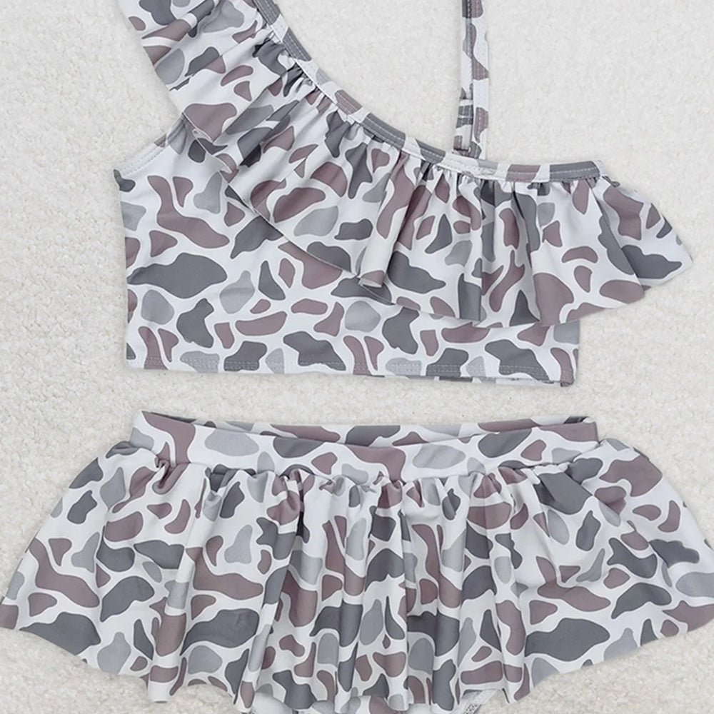 S0457 RTS NO MOQ Baby Girls Summer Swimsuits Baby Girls Grey Camo Ruffle Top Bummie 2pcs Swimsuits