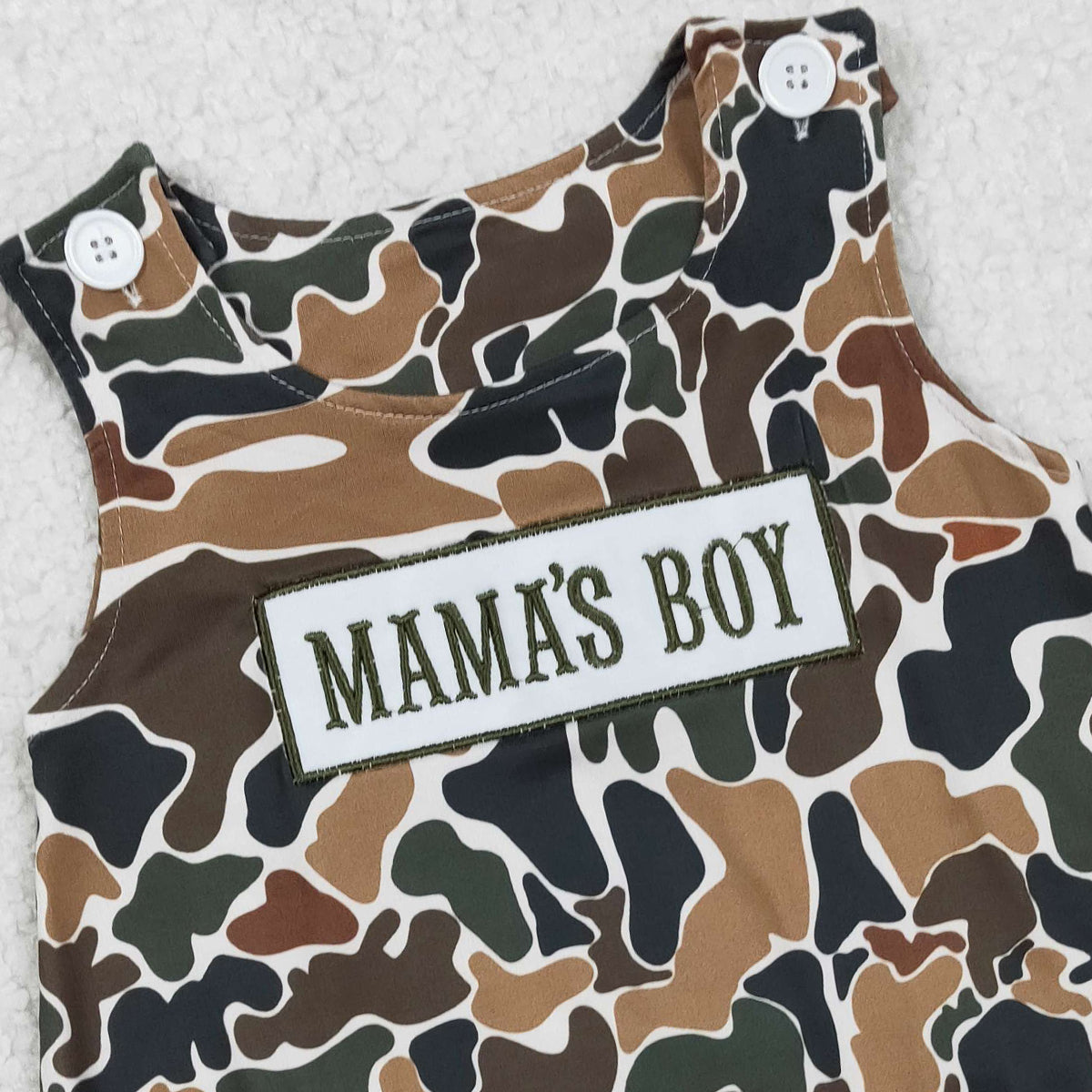 3.3 RTS NO MOQ (In stock)SR3908 Children's Fashion Romper Embroidery Mama's Boy Sleeveless Southern Dark Brown Camo Rompers
