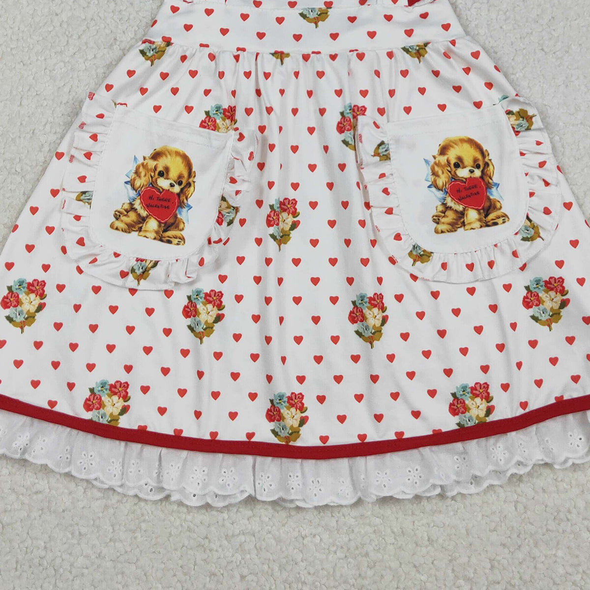 12.17 RTS NO MOQ (In stock)GSD2963 Baby Girls Hearts Dogs Flowers Valentines Pockets Knee length Dresses
