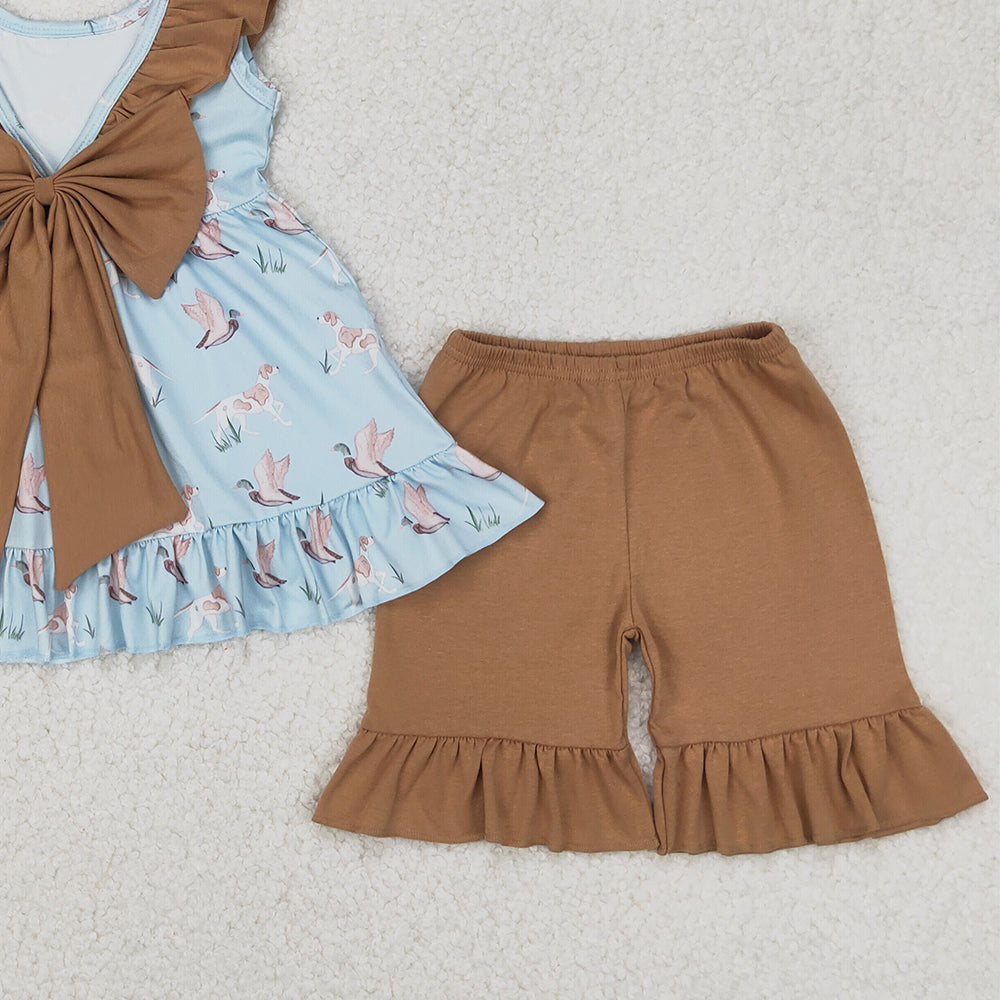 6.11 GSSO2385 RTS NO MOQ Baby Girls Summer Outfits Baby Girls Hunting Mallard Tunic Top Ruffle Shorts Outfit